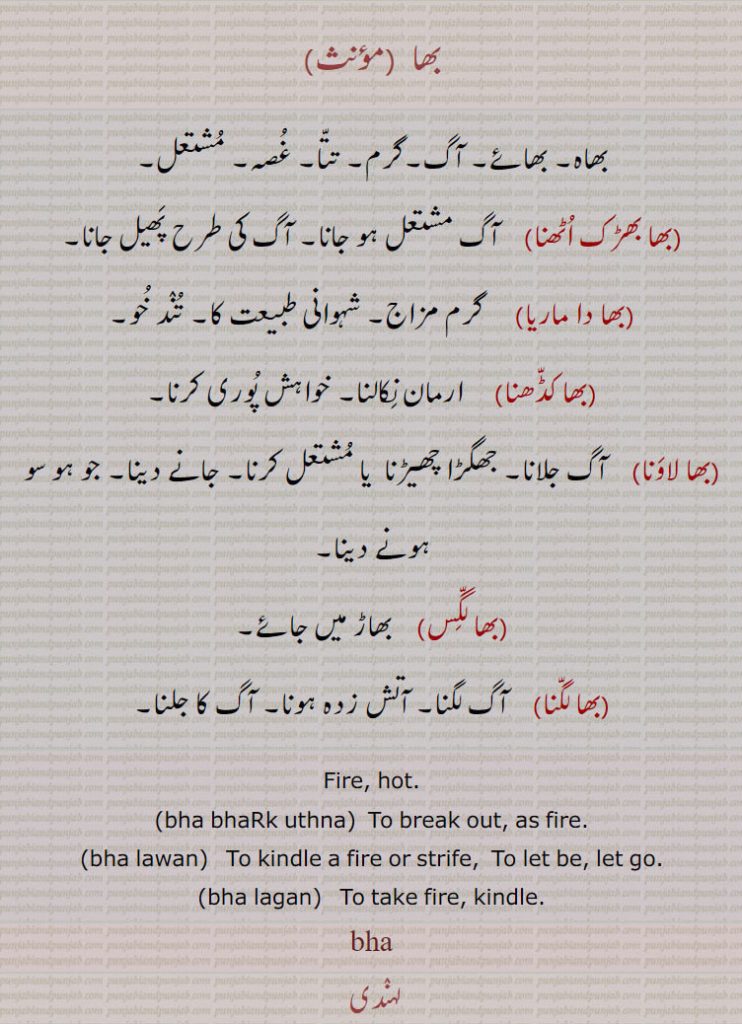 بھا۔ بھاہ ۔بھائے۔ آگ گرم تتا غصہ مشتعل۔ بھابھڑک اُٹھنا۔ مشتعل ہونا۔ آگ پھیل جانا۔ بھا دا ماریا۔ گرم مزاج۔ شہوانی طبیعت کا۔ تند خو۔ بھا کڈھنا۔ ارمان نکالنا۔ خواہش پوری کرنا۔ آگ جلانا۔ جھگڑا چھیڑنا مشتعل کرنا۔ جانے دینا۔ جو ہو سو ہو۔ بھاڑ میں۔ آگ لگنا۔ آتش زدہ ہونا۔ آگ کا جلنا۔fire. hot. bha bhark uthna. to break out. as fire. bha lawan. to kindle a fire . strife. to let be. let go. bha lagan. to take fire. kindle. bha