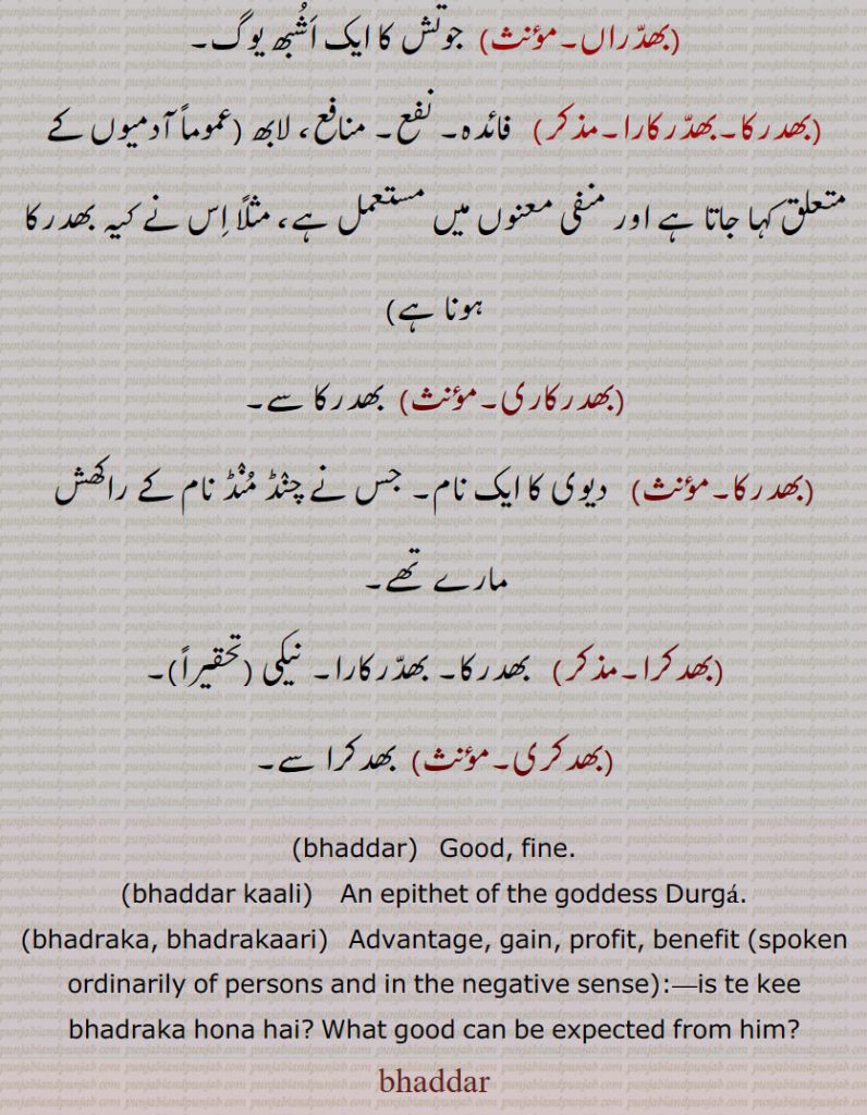 
bhaddar, bhaddar kaali, bhadraka, bhadrakaari, ਭਦੱਰ, ਭਦਰਕਾ, ਭਦਰਕਾਰੀ, ਭਦਰਕਾਰੀ, good. fine. wpithet of goddess Durga. advantage. gain. profit. benefit.  