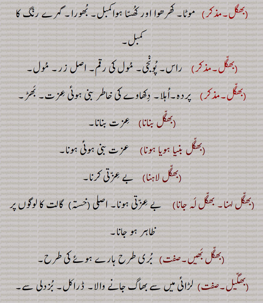   دھوکے بازی۔ دوڑتا ہواکھوٹا زیور۔ نقلی یا جھوٹا زیور گہنا۔ بوکھلاہٹ۔موٹا۔ کھرھوا۔ کھسا ہوا کمبل۔ بھورا کمبل۔ راس۔ پونجی۔ مول کی رقم۔ اصل زر۔ پردہ۔ اہلا۔ بھڑ۔عزت بنانا۔ بے عزتی کرنا۔ بری طرح ہارے ہوئْ۔ لڑائی سے بھاگ جانے ۔ ڈراکل۔ بزدلی۔خوف زدہ۔ 