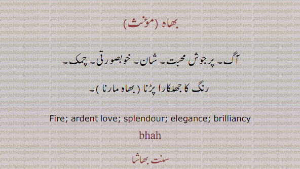 ਭਾਹ  Fire; ardent love; splendour, elegance, brilliancy;بھاہ ,bhah,  