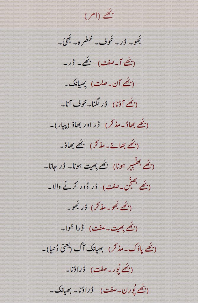 سلامت۔ محفوظ۔ چمک دینا۔ بھاہ مارنا۔ آب۔ بھا۔ شباہت۔ جھلگار۔ جھلک۔بے خوف۔ خطرہ۔ بھیانک۔ بھے آن۔ نڈر بھے ہارا۔ بھے کو ناس کرنے والا۔ ڈر اتارنے قالا۔ رعب ماننا۔ ڈرنا۔ دباؤ ماننا۔ ڈرا ہوا۔ ڈراؤنا۔ خدا سے ڈرنے والا۔جس میں ڈر نہ ہو۔ بے شرم ہو جانا۔ نلج ہو جانا۔ خوفناک۔بھوجل۔ بھاکڑ۔ ڈرا ہوا۔ ڈر بھو۔ بھے بھیت۔ بھے بھاؤ۔بھیَ۔ بھاؤ اور ڈر۔