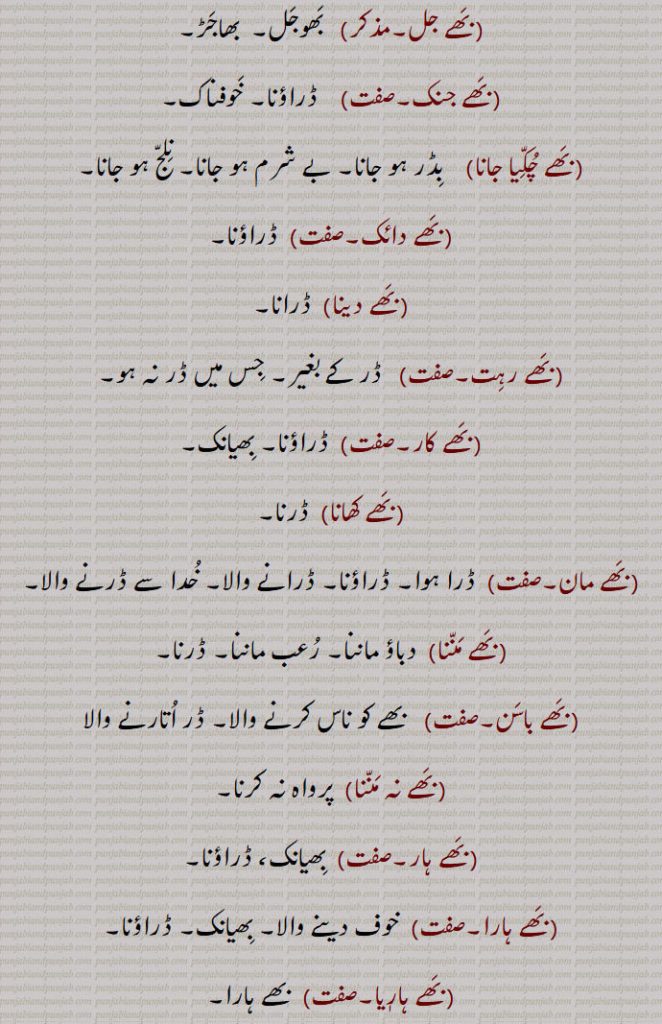 ہان,بھے یانک,بھے,بھے نہ مننا,بھے ہین,بھے مارنا ,بھے ولاپا, بھے ولیا,بھے,بھے جل, بھوجل,بھے ساگر,بھے ساگرو, بھو ساگر, سنسار,بھؤ, ڈر کی بناوٹی وجہ,بھؤآ,ہوُا۔ ڈر کی وجہ۔ خوف۔ ڈر ۔ بھو ساگر سنسار۔ سمندر۔ دنیا۔ جگت ۔ بھو۔ بھائی والی۔ 
