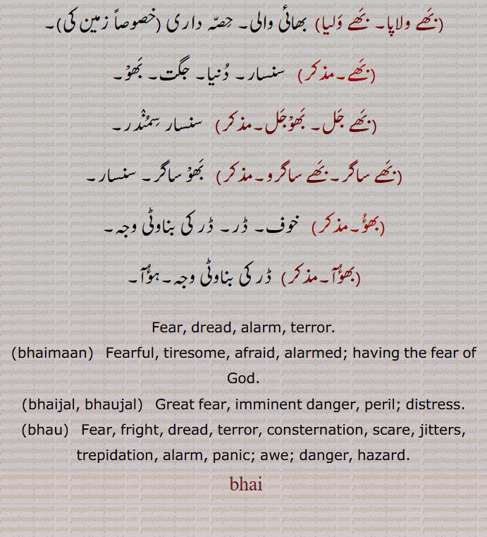  بھے ,bhai,ਭੈ ,بھے,بھو, ڈر, خوف, خطرہ,بھے آ,بھے آن,بھے آؤنا,بھے بھاؤ,بھے بھائے, بھے بھنبیر ہونا,بھے بھنجن,بھے بھو,بھے بھیت,بھے پاوک,بھے پور,بھے پورن,بھے جل,بھے جنک,بھے چکیا جانا,بھے دائک,بھے دینا,بھے رہت,بھے کار,بھے کھانا,بھے مان,بھے مننا,بھے باسن,بھے نہ مننا,بھے ہار,بھے ہارا,بھے ہاریا,بھے ہین,بھے ہینتا,بھے 