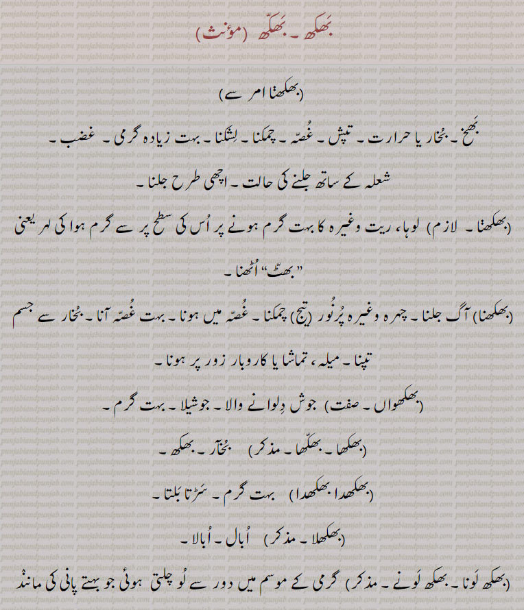 بھکھدا۔بھکھلا۔بھکھ لونا۔ بھکھ لونے۔بھکھ بھکھ پینا۔ بھکھ میچو۔ بھکھ ماپک۔ بھکھ میچن۔ بھکھانا۔ بھکھواؤنا۔بھکھارا۔ بھخ۔ بخار۔ حرارت۔ تپش۔ غصہ۔ چمکنا۔ لچکنا۔ بہت گرمی۔ غضب۔ شعلہ کے ساتھ۔ جلنا۔ بھٹ۔ آگ جلنا۔ پرنور۔ تیج۔ میلہ۔ تماشا یا کاروبار زور پر۔ جوش دلانا۔ جوشیلا۔ ابالا۔ سراب۔ مرگ ترشا۔ وہیم۔ آگ بھڑکانا۔ بھکانا۔ ہواڑ۔ خفگی۔ تپانا۔ بھڑکانا۔ بھکانا۔ آگ جلانا۔