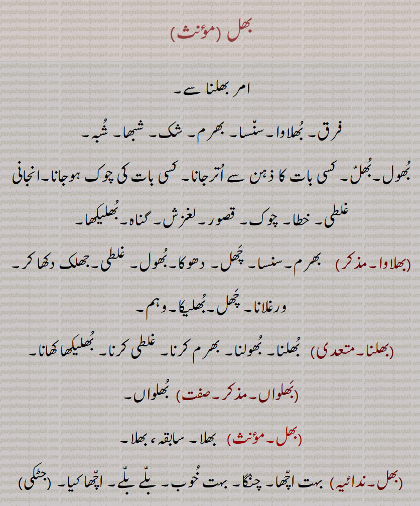 ਭਲਮਨਸਊ, ਭਲਮਾਨਸੀ ,بھلمنسُو, بھلمانسی ,
 بھل,شک,شُبہ, بُھول,بُھلّ,بھلاوا,بھلنا,بَھلواں, ,بھل,بھل,بھل بھل,بھل بھال,بھل کھٹّنا,بھلمان٘سی,بھلماڽسی,بھلمنساؤ,بھلمنساؤُ پُنا, بھلمنسائی,بھلمنسؤ,بھلمنسَئی, بھلمنسٖیَت,   
 ,  بھلمانسی,بھل۔سنت بھاشا,بھلّ بَنی ہونا,بھڑ,بھلّ بھائی,بھلّ سَت کرنا,بھلکہ ,
بھل ,بھلنا سے۔فرق۔ بُھلاوا۔سن٘سا۔ بھرم۔ شک۔ شبھا۔ شُبہ۔
بُھول۔بُھلّ۔ کسی بات کا ذہن سے اُترجانا۔ کسی بات کی چوک ہوجانا۔انجانی غلطی۔ خطا۔ چوک۔ قصور۔لغزش۔ گناہ۔بُھلیکھا۔(بھلاوا,  بھرم۔سنسا۔ چَھل۔ دھوکا۔بُھول۔ غلطی۔جھلک دکھا کر۔