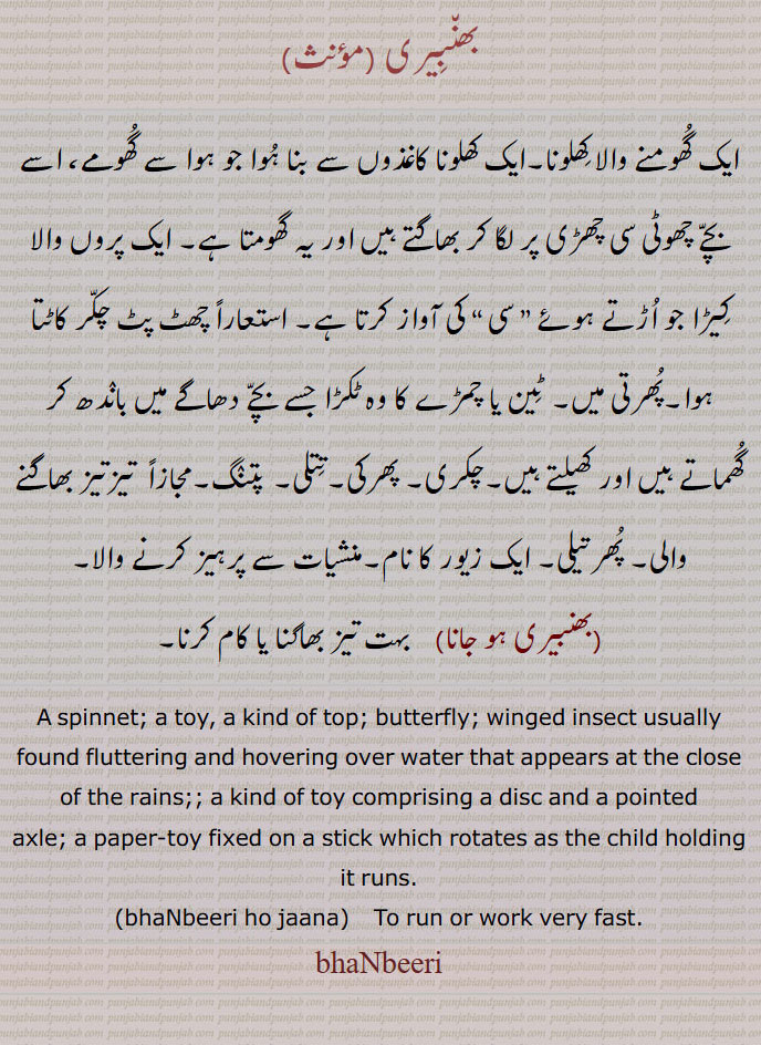  بھنبیری,bhanbeeri,bhambeeri, ਭੰਬੀਰੀ , بِھمبری, بھنوِیری, بھمنبیری, بھمیری ,bhambeeri ho jaana,ਭੰਬੀਰੀ ਹੋਜਾਣਾ, 
ایک گُھومنے والا کِھلونا۔ایک کھلونا کاغذوں سے بنا ہُوا جو ہوا سے گُھومے، اسے بچّے چھوٹی سی چھڑی پر لگا کر بھاگتے ہیں اور یہ گھومتا ہے۔ ایک پروں والا کِیڑا جو اُڑتے ہوئے ” سی “ کی آواز کرتا ہے۔ استعاراً چھٹ پٹ چکّر کاٹتا ہوا۔پُھرتی میں۔ ٹِین یا چمڑے کا وہ ٹکڑا جسے بچّے دھاگے میں بانٛدھ کر گُھماتے ہیں اور کھیلتے ہیں۔چکری۔ پھرکی۔تِتلی۔ پتنٛگ۔مجازاً  تیزتیز بھاگنے والی۔ پُھرتیلی۔ ایک زیور کا نام۔منشیات سے پرہیز کرنے والا۔,بھنبیری ہو جانا,  بہت تیز بھاگنا یا کام کرنا۔
A spinnet; a toy, a kind of top; butterfly; winged insect usually found fluttering and hovering over water that appears at the close of the rains;; a kind of toy comprising a disc and a pointed
axle; a paper-toy fixed on a stick which rotates as the child holding it runs.bhaNbeeri ho jaana,  To run or work very fast.
bhaNbeeri