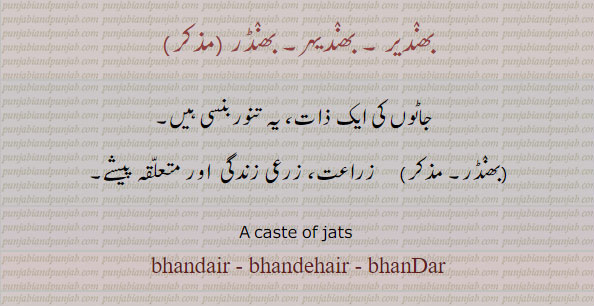  بھندیر, بھندیہر,بھنڈر,bhandair,bhandehair,bhanDar,ਭੰਦੇਰ , ਭਨਦੀਹਰ, ਭਿੰਡਰ,بھنڈار, بھنڈیار, بھنڈریاں,  بھنڈنی, بھنڈو, bhandair, bhandehair, bhanDar, bhanDaar, ,bhanDiyaar,bhanDriyaN ,bhanDriyaan, bhanDni, bhanDoo, 
  caste of jats. جاٹوں کی ایک ذات۔ تنور بنسی۔ زراعت۔ زرعی زندگی اور متعلقہ پیشےبھنڈو۔ بھنڈاریا۔ بھنڈری۔ بھنڈی۔ بھنڈیا۔