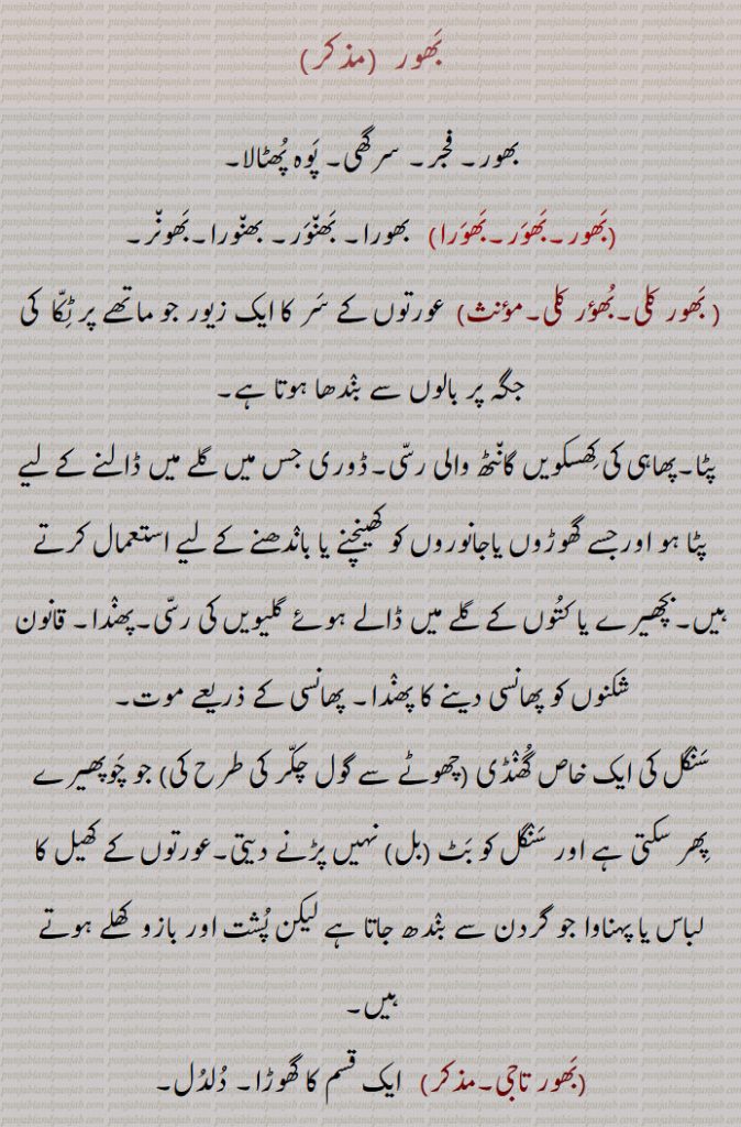 بَھور  ,بھور, فجر, سرگھی, پَوہ پُھٹالا,,بَھور,بَھوَر,بَھوَرا, بھورا, بَھن٘وَر, بھن٘ورا,بَھون٘ر,, بَھور کلی,بُھؤر کلی,  عورتوں کے سَر کا ایک زیور جو ماتھے پر ٹِکّا  کی جگہ پر بالوں سے بنٛدھا ہوتا ہے,,پٹا,پھاہی کی کِھسکویں گان٘ٹھ والی رسّی,ڈوری جس میں گلے میں ڈالنے کے لیے پٹا ہو اورجسے گھوڑوں یاجانوروں کو کھینچنے یا بانٛدھنے کے لیے استعمال کرتے ہیں,بچھیرے یا کتُوں کے گلے میں ڈالے ہوئے گلیویں کی رسّی,پھنٛدا, قانون شکنوں کو پھانسی دینے کا پھنٛدا, پھانسی کے ذریعے موت,
سَنٛگل کی ایک خاص گُھنٛڈی (چھوٹے سے گول چکّر کی طرح کی) جو چَوپھیرے پِھر سکتی ہے اور سَنٛگل کو بَٹ (بل) نہیں پڑنے دیتی,عورتوں کے کھیل کا لباس یا پہناوا جو گردن سے بنٛدھ جاتا ہے لیکن پُشت اور بازو  کھلے ہوتے ہیں,,بَھور تاجی,  ایک قسم کا گھوڑا, دُلدُل, بھونر کلی