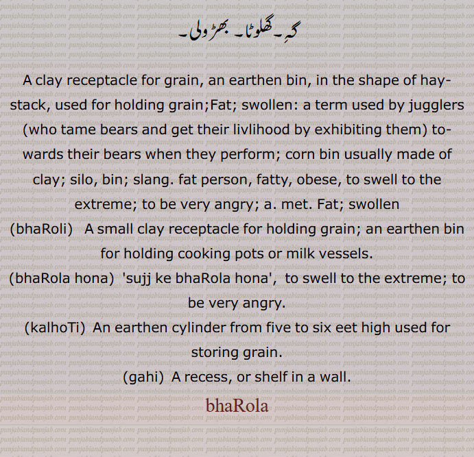 clay receptacle for grain, an earthen bin,bhaRoli,  ਭਡ਼ੋਲੀ ,bhaRola hona,kalhoTi,  ਕਲਹੋਟੀ,gahi,  ਗਹਿ ,بھڑولا  ,bhaRola, ਭਡ਼ੋਲਾ,,A clay receptacle for grain, an earthen bin, in the shape of hay- stack, used for holding grain;Fat; swollen: a term used by jugglers (who tame bears and get their livlihood by exhibiting them) to- wards their bears when they perform; corn bin usually made of clay; silo, bin; slang. fat person, fatty, obese, to swell to the extreme; to be very angry; a. met. Fat; swollen,bhaRoli,   A small clay receptacle for holding grain; an earthen bin for holding cooking pots or milk vessels,bhaRola hona,  'sujj ke bhaRola hona',  to swell to the extreme; to be very angry,kalhoTi,  An earthen cylinder from five to six eet high used for storing grain,gahi,  A recess, or shelf in a wall,bhaRola,