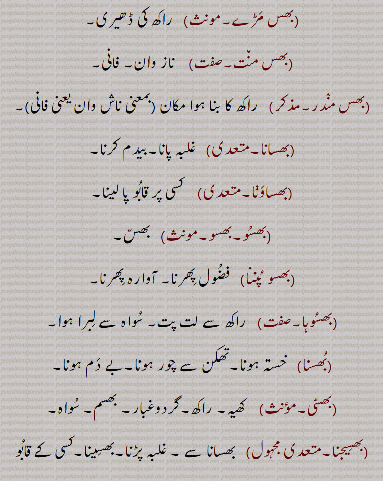  بھس,  بھس پانا,بھس بھسڑ,بھسڑ,بھس خرابا,بھس خراب کرنا,بھس ڈکار,بھس متی,بھس مڑے,بھس منت,بھس مندر,بھسانا,بھساونا,بھسو,بھسو,بھسو پننا,بھسوہا,بھسنا,بھسی,بھسیجنا,بھسینا, ,بھسّ ،بَھسم۔ بھسّٹ۔خاکستر۔خاک۔دھول۔ مٹّی۔غبار۔ بھُبّل۔راکھ۔ کھیہ۔سُواہ۔ بھسّ پانا, نفرت کے سلسہ میں کسی پر خاک ڈالنا۔ بے عزتی کرنا۔ بھس بُھسڑ۔بَھسڑ     سواہ۔ بَھس۔خال۔ غبار۔ بھسّ خرابا۔    تباہی۔ مصیبت۔اَوکڑ۔گھنراہٹ۔