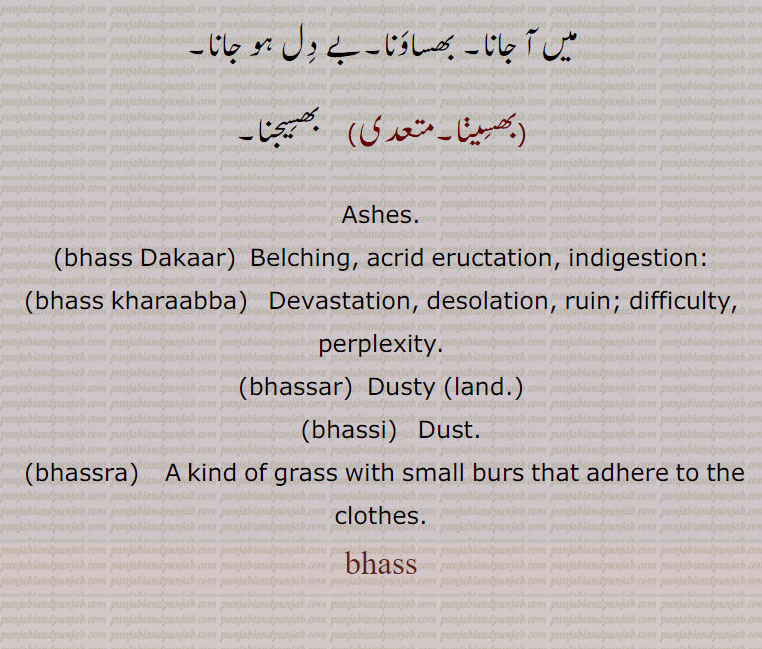 bhass ,ਭਸੱ ,bhass Dakaar,bhass kharaabba,bhassar, ਭਸੱਰ, bhassi,   ਭੱਸੀ,bhassra,   ਭੱਸਰਾ, Ashes,bhass Dakaar, Belching, acrid eructation, indigestion: bhass kharaabba, Devastation, desolation, ruin; difficulty, perplexity,bhassar,Dusty (land.),bhassi, Dust,bhassra, A kind of grass with small burs that adhere to the clothes,bhass ,