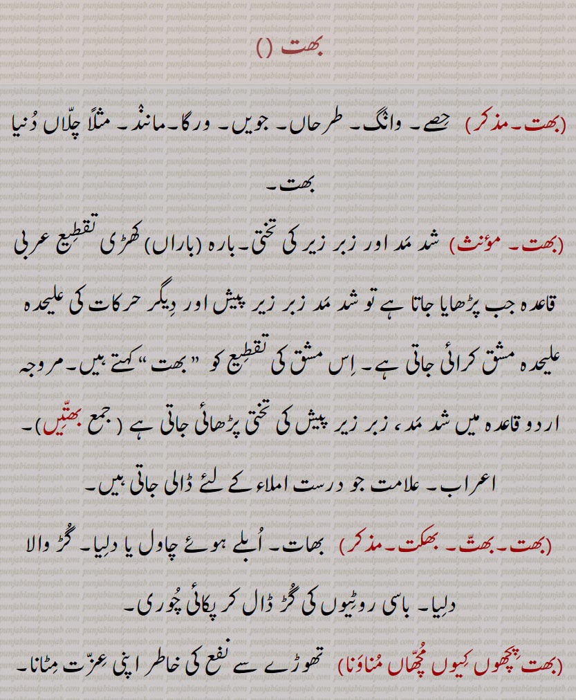 بھت , بھت, بھتیں,بھت پِچھوں کیوں مچھاں مناونا, 
 ,بھت کھانا,بھت گھاٹا / گاڑھا تھیونا,بھتا,بھکت۔,بھات, ابلے ہوئے چاول,بھتا ڈھونا, بھتے ویلا,,بھتے ہار, بھتِہار,بھتِیار, بھتے ہارا,بھتہارا,بھتے ہاری, بھتے ہارے,بھتار,بھتاری,بھتان,  , بھتاوَنا,بھتڑا,بھتن, بھتی,بھتھا,بھتھا بردار,  حصے۔ وانگ۔ طرحاں۔ جویں۔ ورگا۔ مانند۔ چلاں دنیا بھت۔ شد مد اور زیر زبر کی تختی۔ تقطیع کو بھت کہتے ہیں۔ بھتیں۔ اعراب۔ علامت علامتیں۔بھات۔ ابلے چاول یا دلیا۔ گڑ والا دلیا۔ باسی روٹی کی گڑ کے ساتھ چوری۔ تھوڑے نفع کی خاطر عزت مٹانا۔
