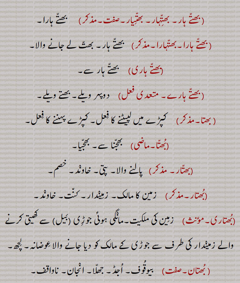 بھتے ہارا۔ بھتے ہار۔ بھت لے جانے والا۔ دوپہر ویلے۔ بھتے ویلے۔ کپڑے میں لپیٹنے کا فعل۔ کپڑے پہننے کا فعل۔ بھجنا سے بھجیا۔ پالنے ولا ۔ پتی۔ خآوند۔ خصم۔ زمین کا مالک۔ زمیندار۔ کنت۔ زمین کی ملکیت۔ مانگی ہوئِ بیل کی جوڑی سے کھیتی کرنے والے زمیندار کی طرف سے جوڑی کے مالک کو دیا کانے وال عوضانہ۔ لچح۔ بیوقوف۔ اجڈ۔ جھلا۔ انجان۔ ناواقف