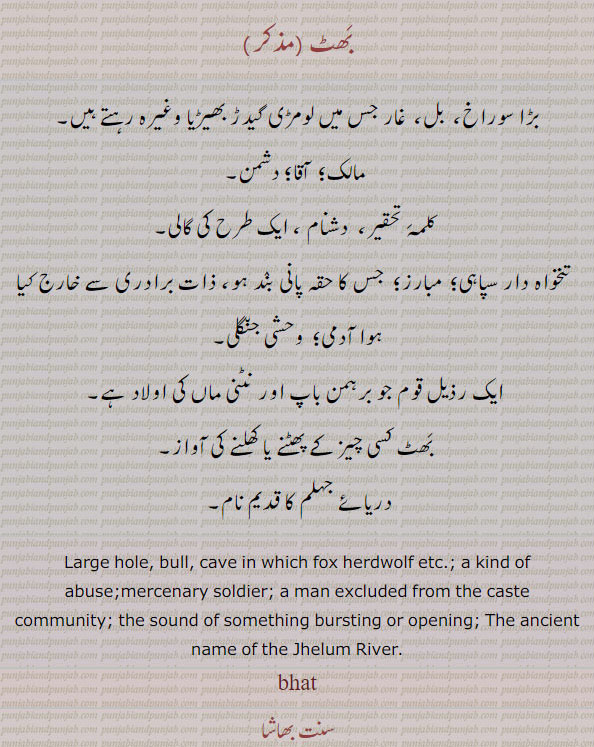 بڑا سوراخ ، بل ، غار جس میں لومڑی 
۔ مالک ، آقا ؛ دشمن ۔کلمہَ تحقیر ، دشنام ، ایک طرح کی گالی ۔تنخواہ دار سپاہی ، مبارز ؛ جس کا حقہ پانی بند ہو ؛ ذات برادری سے خارج کیا ہوا آدمی ؛ وحشی جن٘گلی ؛ ایک رذیل قوم جو برہمن باپ اور نٹنی ماں کی اولاد ہے  ۔کسی چیز کے پھٹنے یا کھلنے کی آواز۔دریائے جہلم کا قدیم نام   گیدڑ بھیڑیا وغیرہ رہتے ہیں۔ 