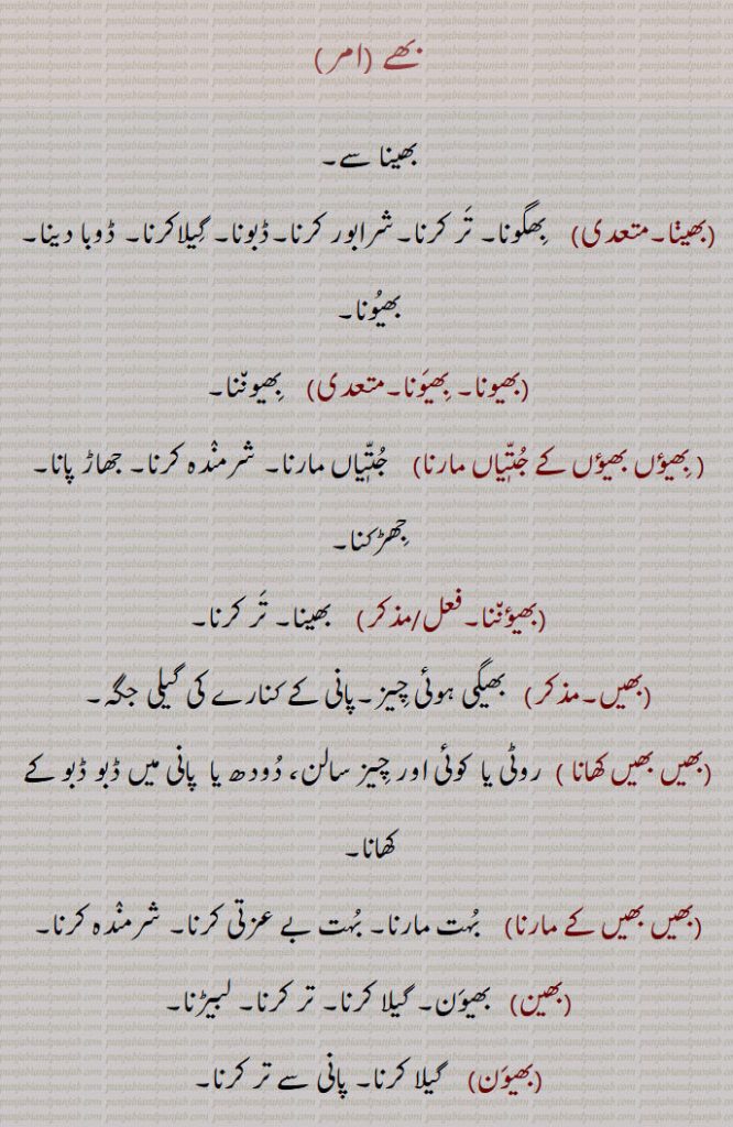بھے,bhe,ਭੇ,بھے,بھینا ,بھیونا,  بِھیوننا, بھیؤں بھیؤں کے جتیاں مارنا,بھیں,بھیں بھیں کھانا,بھیں بھیں کے مارنا, بہت بے عزتی کرنا, شرمندہ کرنا,بھین, بھیون,  بھینا سے۔
۔ بھیڽا۔    بِھگونا۔ تَر کرنا۔شرابور کرنا۔ڈبونا۔ گِیلاکرنا۔ ڈوبا دینا۔ بھیُونا۔
 بھیونا۔ بِھیَونا۔     بِھیون٘نا۔
  بِھیؤں بھیؤں کے جُتّٖیاں مارنا۔   جُتّٖیاں مارنا۔ شرمنٛدہ کرنا۔ جھاڑ پانا۔ جِھڑکنا۔
 بھیؤن٘نا۔     بھینا۔ تَر کرنا۔
 بھیں۔  بھیگی ہوئی چِیز۔پانی کے کنارے کی گیلی جگہ۔
 بھیں بھیں کھانا ۔ روٹی یا  کوئی اور چِیز سالن، دُودھ یا  پانی میں ڈبو ڈبو کے کھانا۔
 بھیں بھیں کے مارنا۔   بُہت مارنا۔ بُہت بے عزتی کرنا۔ شرمنٛدہ کرنا۔
 بھین۔  بھیوَن۔ گیلا کرنا۔ تر کرنا۔ لبیڑنا۔
 بھیوَن۔   گیلا کرنا۔ پانی سے تر کرنا۔
 بھیُون۔   بھیوَن۔