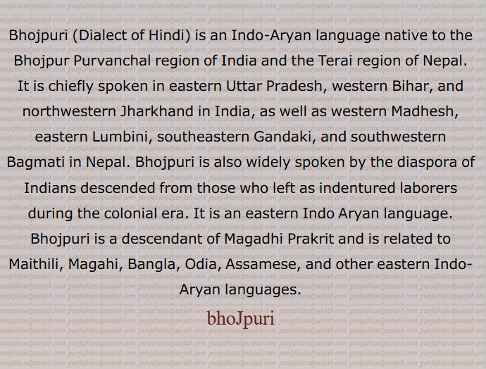  ਭੋਜਪੁਰੀ ,Bhojpuri (Dialect of Hindi) is an Indo-Aryan language native to the Bhojpur-Purvanchal region of India and the Terai region of Nepal. It is chiefly spoken in eastern Uttar Pradesh, western Bihar, and northwestern Jharkhand in India, as well as western Madhesh, eastern Lumbini, southeastern Gandaki, and southwestern Bagmati in Nepal.  Bhojpuri is also widely spoken by the diaspora of Indians descended from those who left as indentured laborers during the colonial era. It is an eastern Indo Aryan language. Bhojpuri is a descendant of Magadhi Prakrit and is related to Maithili, Magahi, Bangla, Odia, Assamese, and other eastern Indo-Aryan languages. 