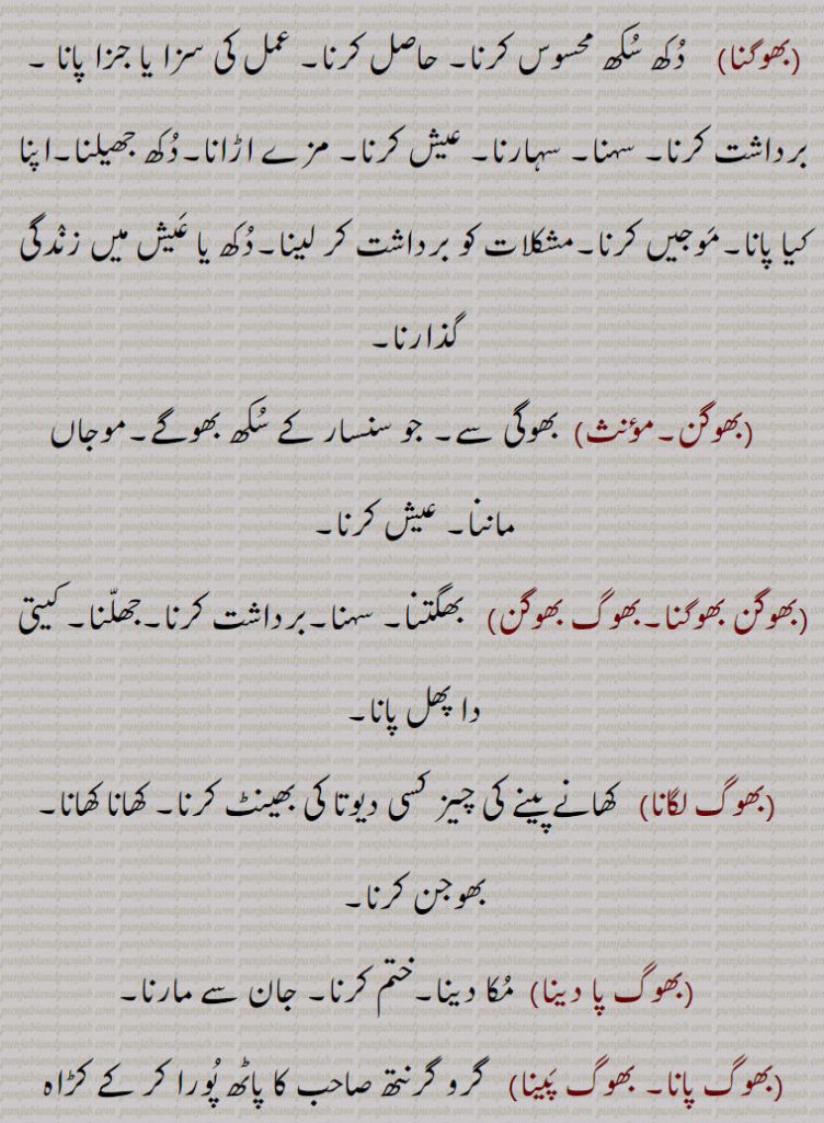 
 عَیش و عشرت۔ اننٛد منٛگل۔ مَوج میلا۔,بھوگ بُھگانا, اعمال کا پھل بُھگتایا جانا۔ بھوگ بھوگنا,  جماع کرنا۔ خوش ہو کر مصیبت جھیلنا۔ مشکل برداشت کرنا۔ اعمال کا پھل پانا۔ بھوگنا,    دُکھ سُکھ محسوس کرنا۔ حاصل کرنا۔ عمل کی سزا یا جزا پانا ۔ برداشت کرنا۔ سہنا۔ سہارنا۔ عیش کرنا۔ مزے اڑانا۔دُکھ جھیلنا۔اپنا کیا پانا۔مَوجیں کرنا۔مشکلات کو برداشت کر لینا۔دُکھ یا عَیش میں زنٛدگی گذارنا۔ بھوگن۔   بھوگی سے۔