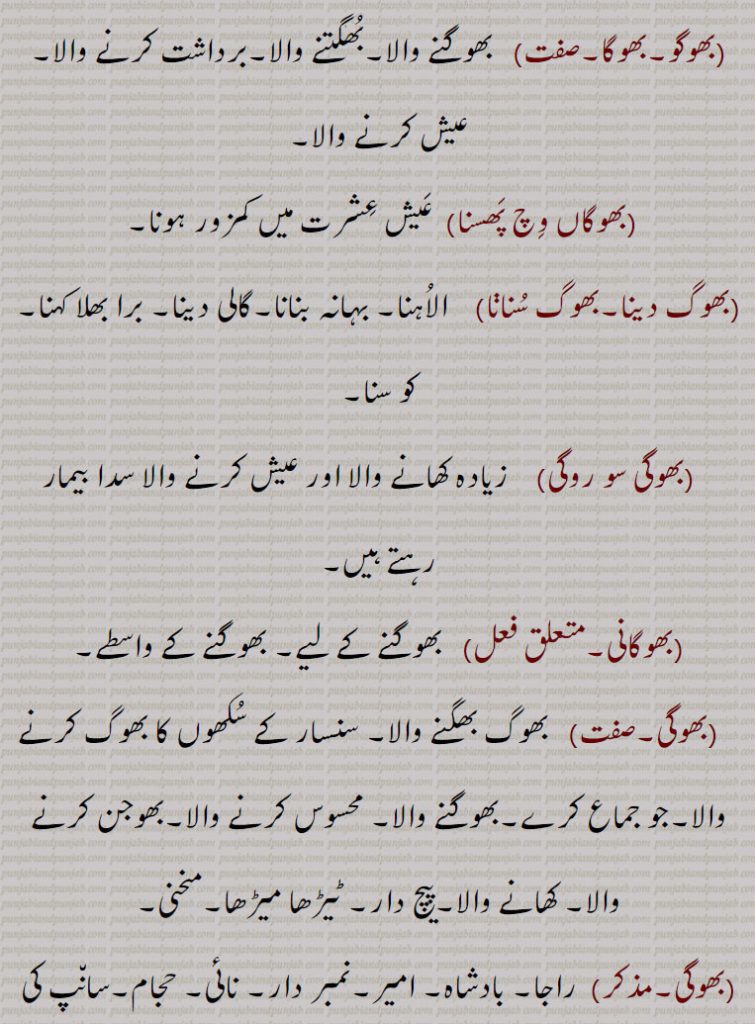 چنوں (چھولیاں) کو کُوٹ کر گُڑ شکر کے ساتھ بنایا ہویا مرکب، بھُگی۔  بھوگٖیا۔      بھوگی۔بھوگو۔ تماش بین۔ شہوت پرست۔ زنا کار۔ رنٛڈی باز۔ زانی۔ بھوگ پُتر, وہ خط جو کسی راجا کو تحفہ وغیرہ بھیجنے کے سلسلہ میں لکھا جائے۔ بَھوگا, دھوکا۔ دغا۔ مکر۔ فریب۔ چھل۔ بھوگَن ہارا, بھوگ لینے والا۔