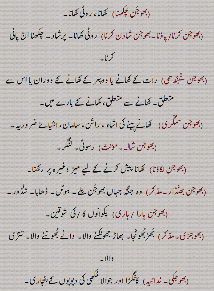  بھوجن سمگّری,    کھانے پینے کی اشاء، راشن، سامان، اشیائے ضروریہ۔
 بھوجن شالہ۔   رسوئی۔ لنٛگر۔
 بھوجن لگاؤنا,   کھانا پیش کرنے کے لیے میز وغیرہ پر رکھنا۔
 بھوجن بھنٛڈار۔  وہ جگہ جہاں بھوجَن مِلے۔ ہوٹل۔ ڈھابا۔ تنٛدُور۔
 بھوجن ہارا / ہاری,  پکوانوں کا / کی  شوقین۔
 بھوجڑی۔   بَھڑبُھونٛجا۔ بھاڑ جھونکنے والا۔ دانے بُھوننے والا۔ تتڑی والا۔
 بھوجکی۔  کانٛگڑا اور جوالا مُکھی کی دیویوں کے پُجاری۔