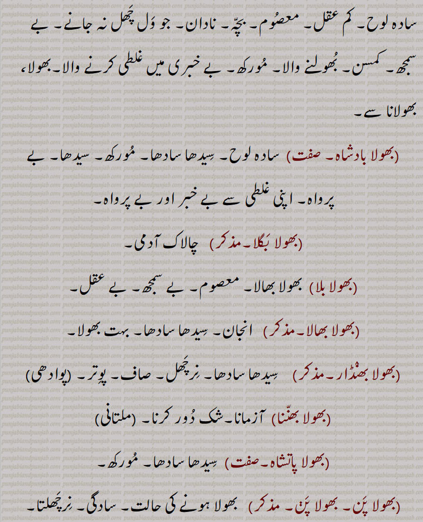 سادہ لوح۔ کم عقل۔ معصُوم۔ بچّہ۔ نادان۔ جو وَل چَھل نہ جانے۔ بے سمجھ۔ کمسن۔ بُھولنے والا۔ مُورکھ۔ بے خبری میں غلطی کرنے والا۔بھولا، بھولانا سے۔ بھولا بادشاہ۔ سادہ لوح۔ سِیدھا سادھا۔ مُورکھ۔ سیدھا۔ بے پرواہ۔ اپنی غلطی سے بے خبر اور بے پرواہ۔ بھولا بَگلا۔ چالاک آدمی۔ بھولا بلا, بھولا بھالا۔ معصوم۔ بے سمجھ۔ بے عقل۔