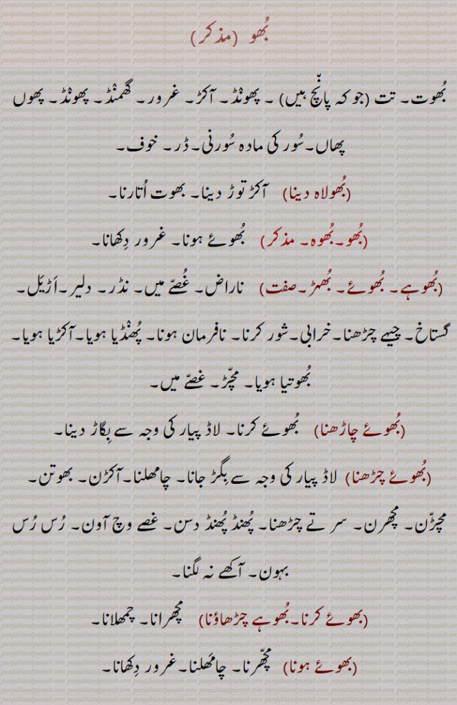 بُھو , بُھوت۔ تت (جو کہ پان٘چ ہیں) ۔ پھونٛڈ۔ آکڑ۔ غرور۔ گھمنٛڈ۔ پھونٛڈ۔ پھوں پھاں۔سُور کی مادہ سُورنی۔ڈر۔ خوف۔,بُھولاہ دینا,    آکڑ توڑ دینا۔ بھوت اُتارنا۔
,بُھو۔بُھوہ۔,  بُھوئے ہونا۔ غرور دِکھانا۔ ,بُھوہے۔ بُھوئے۔ بُھہڑ,  ناراض۔ غُصّے میں۔ نڈر۔ دلیر۔اَڑیَل۔ گستاخ۔ چیہے چڑھنا۔خرابی۔شور کرنا۔ نافرمان ہونا۔. پُھنٛڈیا , ہویا۔آکڑیا ہویا۔بُھوتیا ہویا۔ مچّڑ۔ غصّے میں۔بُھوئے چاڑھنا,  بُھوئے کرنا۔ لاڈ پیار کی وجہ سے بِگاڑ دینا۔   .(بُھوئے چڑھنا)  لاڈ پیار کی وجہ سے بِگڑ جانا۔ چامھلنا۔آکڑن۔ بھوتن۔ مچڑّن۔ مچھرن۔ سر تے چڑھنا۔ پُھنڈ پُھنڈ دسن۔ غصے وچ آون۔ رُس رُس بہون۔ آکھے نہ لگنا۔,بھوئے کرنا۔بُھوہے ,چڑھاؤنا,   مچھرانا۔ چمھلانا۔,بھوئے ہونا,  مچّھرنا۔ چامَھلنا۔غرور دِکھانا۔  ,