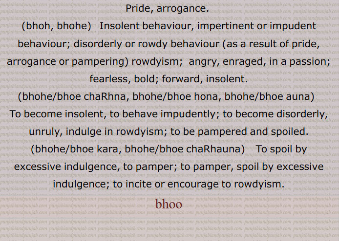 bho, bhoh, bhoo, bhu,,Pride, arrogance.  ,bhoh, bhohe,  ਭੂਹੇ , ਭੂਹ ,Insolent behaviour, impertinent or impudent behaviour; disorderly or rowdy behaviour (as a result of pride, arrogance or pampering) rowdyism;  angry, enraged, in a passion; fearless, bold; forward, insolent. ,bhohe/bhoe chaRhna, bhohe/bhoe hona, bhohe/bhoe auna,  ਭੂਹ ਚਾੜ੍ਹਨੀ , ਭੂਹੇ ਹੋਣਾ , ਭੂਹੇ ਚੜ੍ਹਨਾ, To become insolent, to behave impudently; to become disorderly, unruly, indulge in rowdyism; to be pampered and spoiled. ,bhohe/bhoe kara, bhohe/bhoe chaRhauna,  ਭੂਹੇ ਕਰਨਾ , ਭੂਹੇ ਚੜ੍ਹਾਉਣਾ, To spoil by excessive indulgence, to pamper; to pamper, spoil by excessive indulgence; to incite or encourage to rowdyism. ਭੂਹ  بھوہ,bhoo , bhoe , bhohe , bhue, ਭੂਏ , See Bhuhe