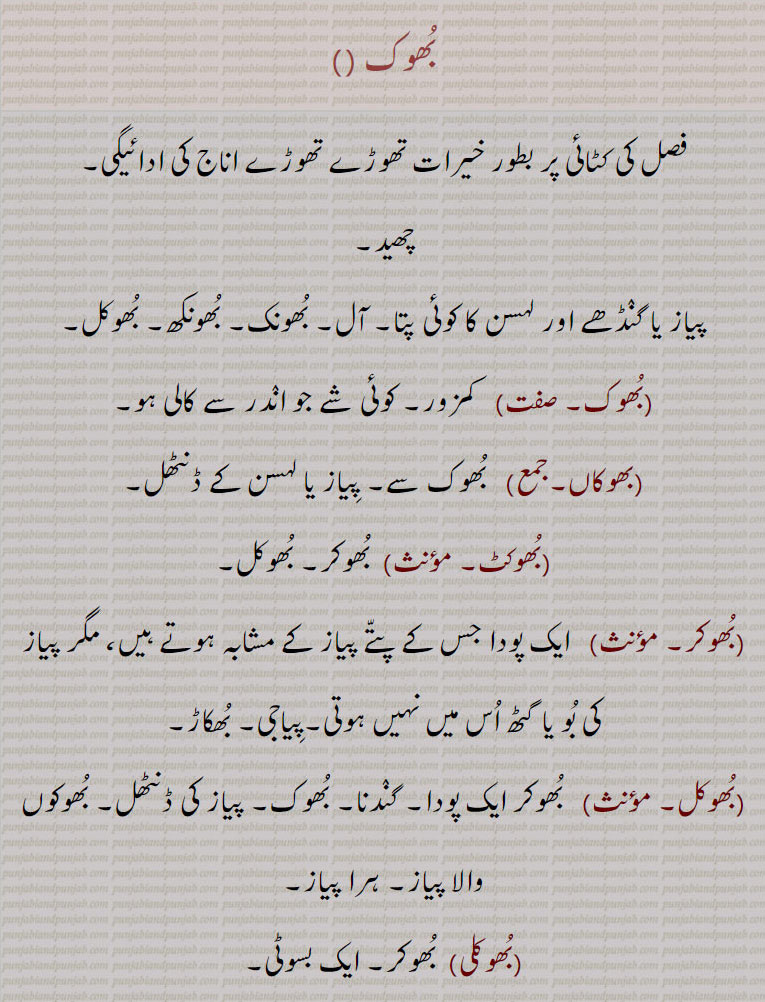 
بُھوک ,فصل کی کٹائی پر بطور خیرات تھوڑے تھوڑے اناج کی ادائیگی۔
چھید۔,پیاز یا گنٛڈھے اور لہسن کا کوئی پتا۔ آل۔ بُھونک۔ بُھونکھ۔ بُھوکل۔,بُھوک۔ ,کمزور۔ کوئی شے جو انٛدر سے کالی ہو۔,بھوکاں۔  بُھوک سے۔ پِیاز یا لہسن کے ڈنٹھل۔ بُھوکٹ۔,  بُھوکر۔ بُھوکل۔,بُھوکر۔   ایک پودا جس کے پتّے پیاز کے مشابہ ہوتے ہیں، مگر پیاز کی بُو یا گٹھ اُس میں نہیں ہوتی۔پِیاجی۔ بُھکاڑ۔,بُھوکل۔, بُھوکر ایک پودا۔ گنٛدنا۔,بُھوک۔ پیاز کی ڈنٹھل۔ بُھوکوں والا پیاز۔ ہرا پیاز۔,بُھوکلی,  بُھوکر۔ ایک بسوٹی۔,بُھوکن۔,  وہ بید کی نالی (جو ہَل سے لگی ہوئی ہوتی ہے)، اور جس کے ذریعے ہَل کے ساتھ بیج بحی بویا جاتا ہے۔پور۔,بُھوکڽ,زیور۔ قابل آدمی، وہ جو اپنی حیثیت یا پیشے، یا اپنے معاشرے یا ملک کا زیور (سرمایا)سمجھا جائے۔,بُھوکنا۔بُھوکڽا۔, بُبنا۔