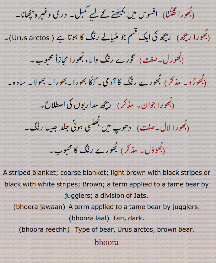 A striped blanket; coarse blanket; light brown with black stripes or black with white stripes; Brown; a term applied to a tame bear by jugglers; a division of Jats,bhoora jawaan,A term applied to a tame bear by jugglers,bhoora laal, Tan, dark,bhoora reechh, Type of bear, Urus arctos, brown bear,bhoora,ਚੂਰਾ