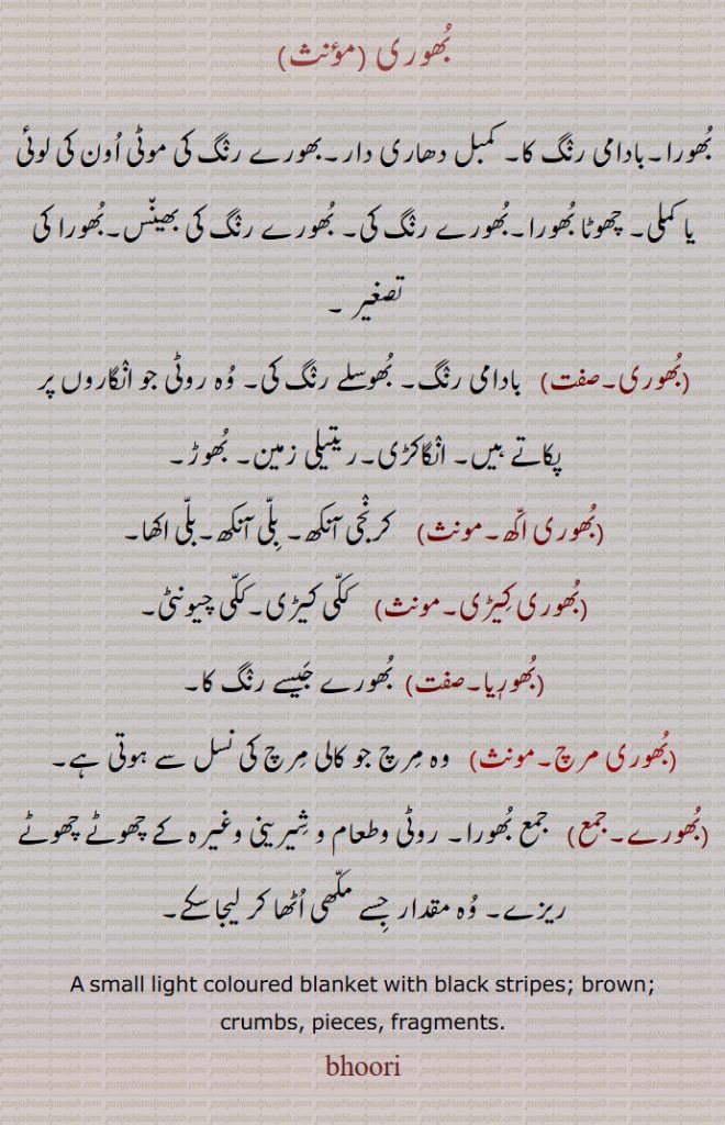 بھوری,بھورا,بادامی رنگ کا, کمبل
بھوری۔ بھوری اکھ۔ بھوری کیڑی۔ بھوریا۔ بھوری مرچ۔ بھورے۔
 دھاری دار,بھورے رنگ کی موٹی اون کی لوئی یا کملی,چھوٹا بھورا,بھورے رنگ کی, بھورے رنگ کی بھینس,بھورا کی تصغیر ,بھوری, بادامی رنگ, بھوسلے رنگ کی, وہ روٹی جو انگاروں پر پکاتے ہیں, انگاکڑی,ریتیلی زمین, بھوڑ,بھوری اکھ,کرنجی آنکھ, بلی آنکھ,بلی اکھا,بھوری کیڑی,  ککی کیڑی,ککی چیونٹی,بھورٖیا,  بھورے جیسے رنگ کا,بھوری مرچ,وہ مرچ جو کالی مرچ کی نسل سے ہوتی ہے,بھورے, جمع بھورا, روٹی وطعام و شیرینی وغیرہ کے چھوٹے چھوٹے ریزے, وہ مقدار جسے مکھی اٹھا کر لیجا سکے,A small light coloured blanket with black stripes; brown;crumbs, pieces, ragments,bhoori,