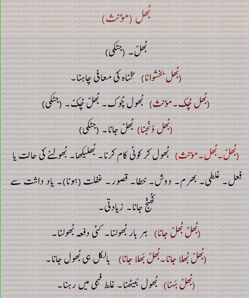 بُھل ۔بُھل بخشوانا۔   گُناہ کی معافی چاہنا۔بُھل چُک۔ بُھول چُوک۔ بُھلّ چُکّ۔بُھل وَنٛجنا۔۔بُھلّ جانا۔ بُھول کر کوئی کام کرنا۔ بُھلیکھا۔ بُھولنے کی حالت یا فِعل۔ غلطی۔ بھرم۔ دوش۔ خطا۔ قصور۔ غفلت (ہونا)۔ یاد داشت سے کُھنٛج جانا۔ زیادتی۔بُھلّ بُھلّ جانا۔  ہر بار بُھولنا۔ کئی دفعہ بُھولنا۔بُھلّ بُھلا جانا۔بُھلّ بَھلا جانا۔  بالکل ہی بُھول جانا۔بُھلّ 
۔ بھل ۔ بَہنا۔بُھول بَیٹھنا۔ غلط فہمی میں رہنا۔