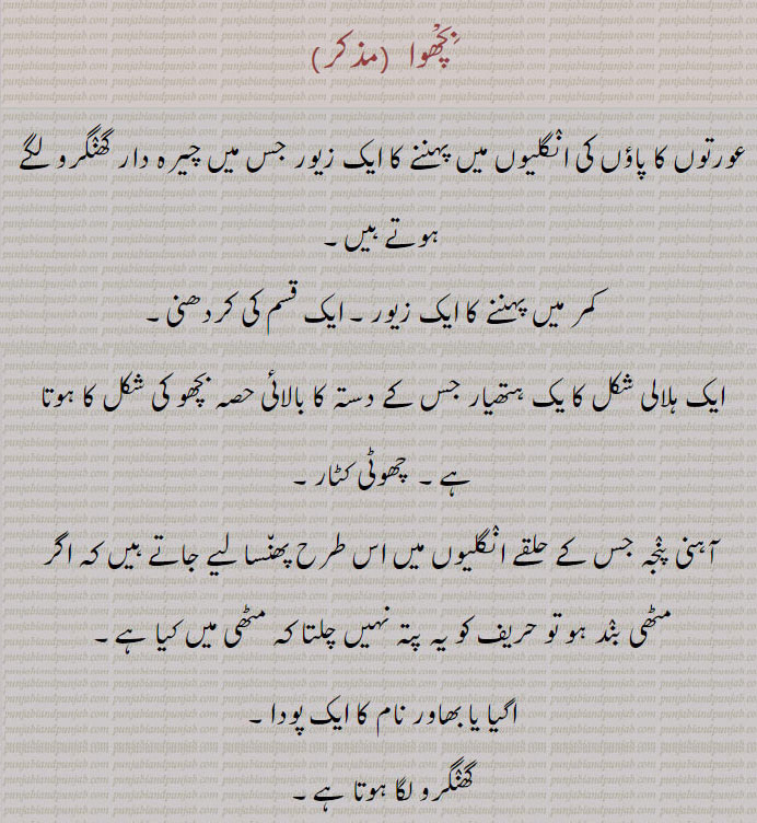 بچھوا۔ بچھوا,bichhua,bichhooa,bichua,ਬਿਛੂਆ,Traditional Ornaments of Punjab,Jewellery,jewelry,زیور, ,گہنا,بُھوکھن,النکار,ٹُوم,ٹومب,ٹونب چھلا,بِچْھوا  ۔آہنی پنٛجہ جس کے حلقے انٛگلیوں میں اس طرح پھن٘سا لیے جاتے ہیں کہ اگر مٹھی بنٛد ہو تو حریف کو یہ پتہ نہیں چلتا کہ مٹھی میں کیا ہے۔عورتوں کا پاؤں کی انٛگلیوں میں پہننے کا ایک زیور جس میں چیرہ دار گھنٛگرو لگا ہوتا ہے۔کمر میں ۔پہننے کا ایک زیور۔ ایک قسم کی کردھنی۔جوٹ سے مشابہ ایک پودا جس کے ریشے سے رسی وغیرہ بٹی جاتی ہے، ۔Crotalaria juncea۔سن کی خشک پھلی یا بونٛڈی جس میں بیج ہوتے ہیں اور بچے اس کی چھن چھن کے سبب اکثر پاؤں میں لڑیاں بنا کر پہنتے ہیں۔
ایک زہریلا پودا جس کے چھو جانے سے بچھو کا سا زہر جسم میں سرایت کر جاتا ہے، ۔Urtrica heterophylla۔ ، نیز  ۔Urtrica interrupta۔
