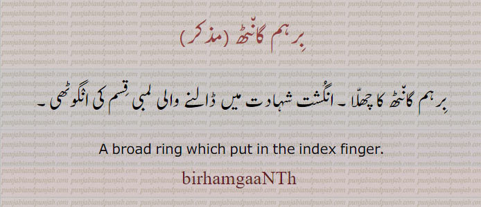 برہم گانٹھ ,birham gaaNTh,برہم گانٹھ,birhamgaanth,ਬਿਰਹਮਗਾਂਠ ,
a broad ring which put in the index finger. برہم گانٹھ کا چھلا۔ انگشت شہادت میں ڈالنے والی لمبی انگوٹھی۔
