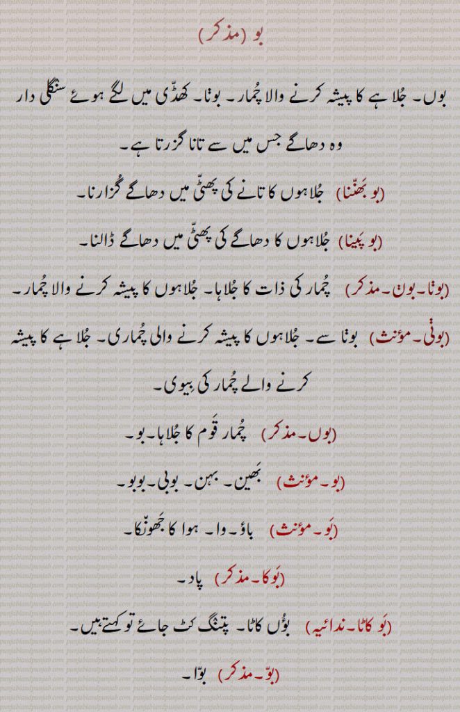 بو ۔بوں۔ جُلاہے کا پیشہ کرنے والا چُمار۔ بوڽا۔ کھڈّی میں لگے ہوئے سنٛگلی دار وہ دھاگے جس میں سے تانا گزرتا ہے۔۔بو بَھنّنا۔   جُلاہوں کا تانے کی پھٹّی میں دھاگے گُزارنا۔
۔بو پَینا۔  جُلاہوں کا دھاگے کی پھٹّی میں دھاگے ڈالنا۔۔بوڽا۔بوڽ۔۔    چُمار کی ذات کا جُلاہا۔ جُلاہوں کا پیشہ کرنے والا چُمار۔۔بوڽی۔۔   بوڽا سے۔ جُلاہوں کا پیشہ کرنے والی چُماری۔ جُلاہے کا پیشہ کرنے والے چُمار کی بِیوی۔۔بوں۔۔    چُمار قَوم کا جُلاہا۔بو۔۔بو۔۔    بَھین۔ بہن۔ بوبی۔بوبو۔۔بَو۔۔    باؤ۔وا۔ ہوا کا جَھون٘کا۔۔بَوکا۔۔   پاد۔۔بَو کاٹا۔ندائیہ۔    بؤُں کاٹا۔ پتنٛگ کٹ جائے تو کہتےہیں۔۔بوّ۔۔   بوّا۔
