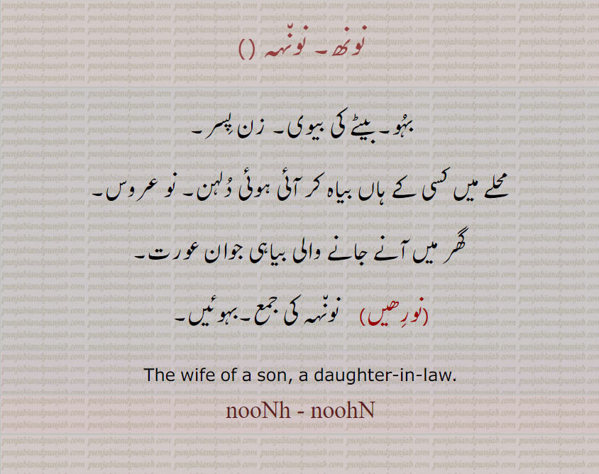 نونھ, نونہہ,نورھیں,noohn, noonh,  ਨੂੰਹ ,بہو۔ زن پسر۔ بہوئیں۔ بیاہی جوان عورت۔ دلہن۔ نو عروس۔ نورہیں۔daughter in law. wife of son.