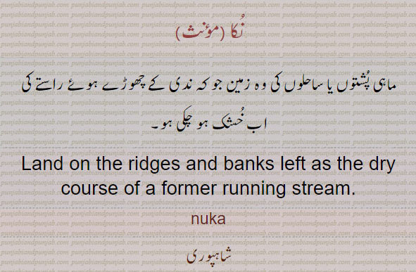 نکا ,nuka,ਨੁਕਾ,
ماہی پشتوں یا ساحل کی زمین جو ندی چھوڑ دے اور خشک راستہ ہو چکا ہو۔land on ridges bank left as dry xourse of former running stream.