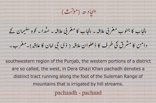 پچادھ, پچاد , pachadh, pachad, ਪਚਾਦ, ਪਚਾਧ,pachaadh, southwestern region of Punjab. western portion of a district Dera Ghazi Khan. foot of Suleman range of mountains that is irrigatrd by hill streams.  پنجاب کا جنوب مغربی علاقہ۔ مغربی علاقہ۔ لہندا۔ کوہ سلیمان کے دامن کی ڈھلوان ڈی جی خان کا علاقہ۔ مغرب۔