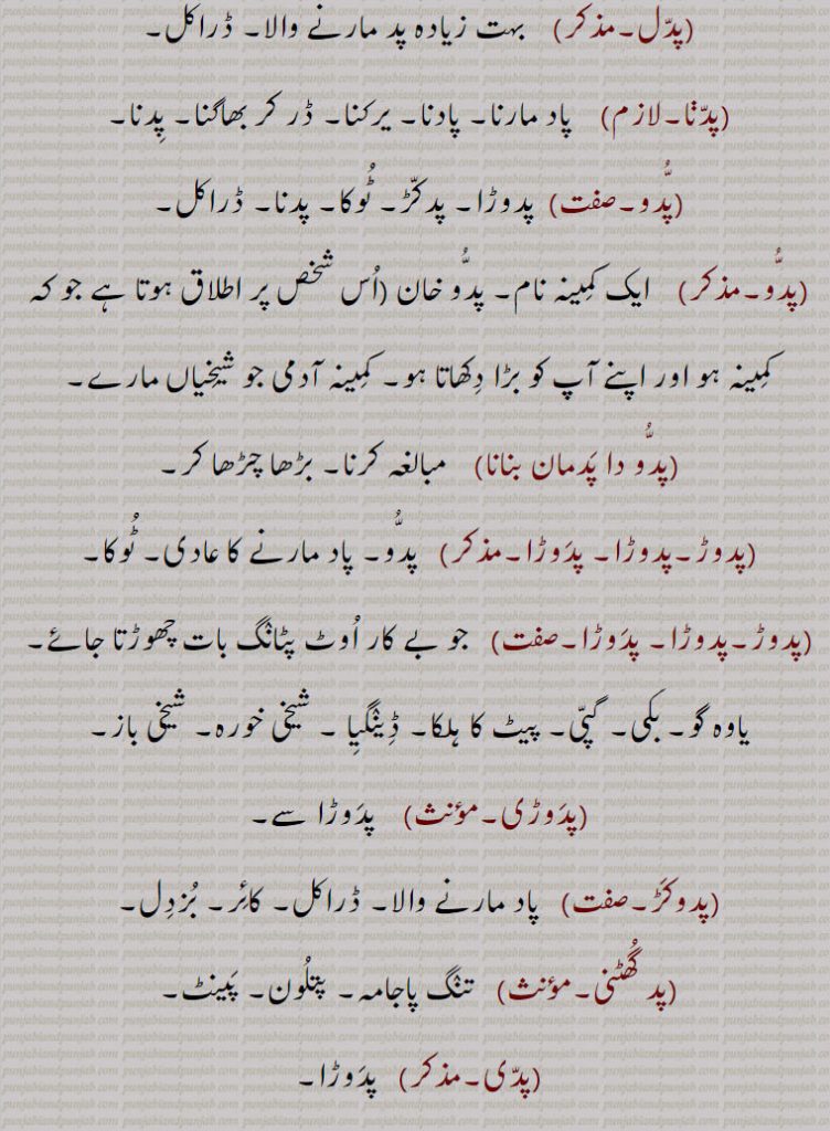       پد,ریع ,ریح , پڈ, بوقہ, گوز,پد بوچنی, پد گھٹنی,پد پرانا,پد کڈھنا,پد مارنا, ,پد نکلنا,پداکڑ,پدانا,پدکڑ,پدکڑا,پدکنا,پدل,پدڽا,پدو,پدو دا پدمان بنانا,پدوڑ,پدوڑا, پدوڑا,پدوڑ,پدوڑا, پدوڑا,پدوڑی,پدوکڑ,پد گھٹنی,پدی,پد بہیڑا,پدبھیڑا,پد بھیڑا,پڈ بہیڑا,کتا متار, کھمبا, کھمبور, 