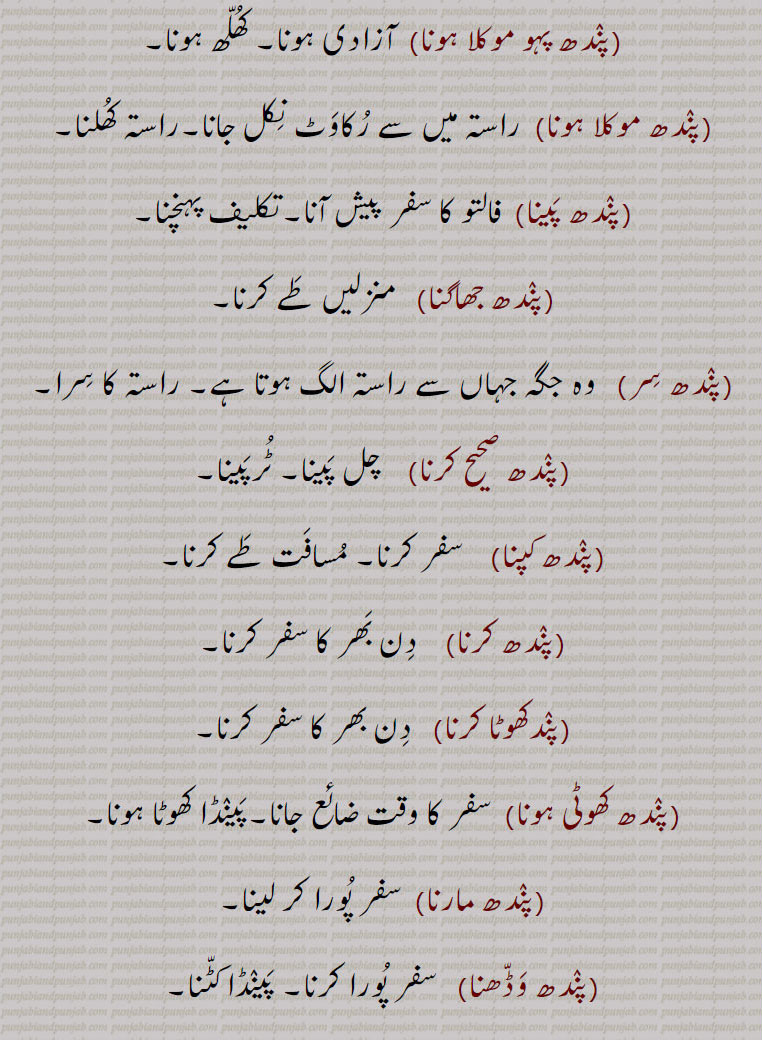  تشریف رکھنا۔ انتظار کرنا۔ اڈیکنا۔باٹ۔ واٹ۔ راستہ کھلنا۔ تکلیف پہنچناپینڈا کھوٹا ہونا۔سفر پورا ہونا۔یاترا مہورت۔ برہمن سے پوچھنا۔ پدھااری ۔یاتری۔ تیرتھ کی جگہ۔ جیوآتما۔ پدھانو۔ پاندھی۔ پانی کا برتن۔ گڑوا۔ گھڑا۔ ٹنڈ۔کھیچل۔ پدھرائی۔مارگ۔ راہلٹھ جس پر جالہا کھڈی میں بنا کپڑا لپیٹتا ہے۔جہاں تک چیخ کی آواز آئے۔ بندوق کی آواز آئے۔