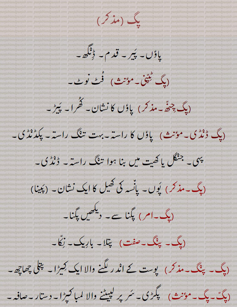 اچھلنا,پگ بٹ,پگ وٹ,پگ بٹانا,پگ وٹانا,پگ بچانا,پگ بدلنا,پگ بدھ,بگ بدھانا,دستار بندی,پگ بدھنا,پگ بل,پگ بنھ,پگ بنھنا,پگ پالنا,پگ پرائے ہتھ دینا,پگ پیراں وچ رلنا,پگ پیراں وچ رولنا,پگ تھان,پگ دا سائیں,پگ دا لڑ ہوونا,پگ داہڑی ڈیکھنا, پگ داہڑی تکنا  کسے دی,پگ دی لاج رکھنا,پگ دے سکے