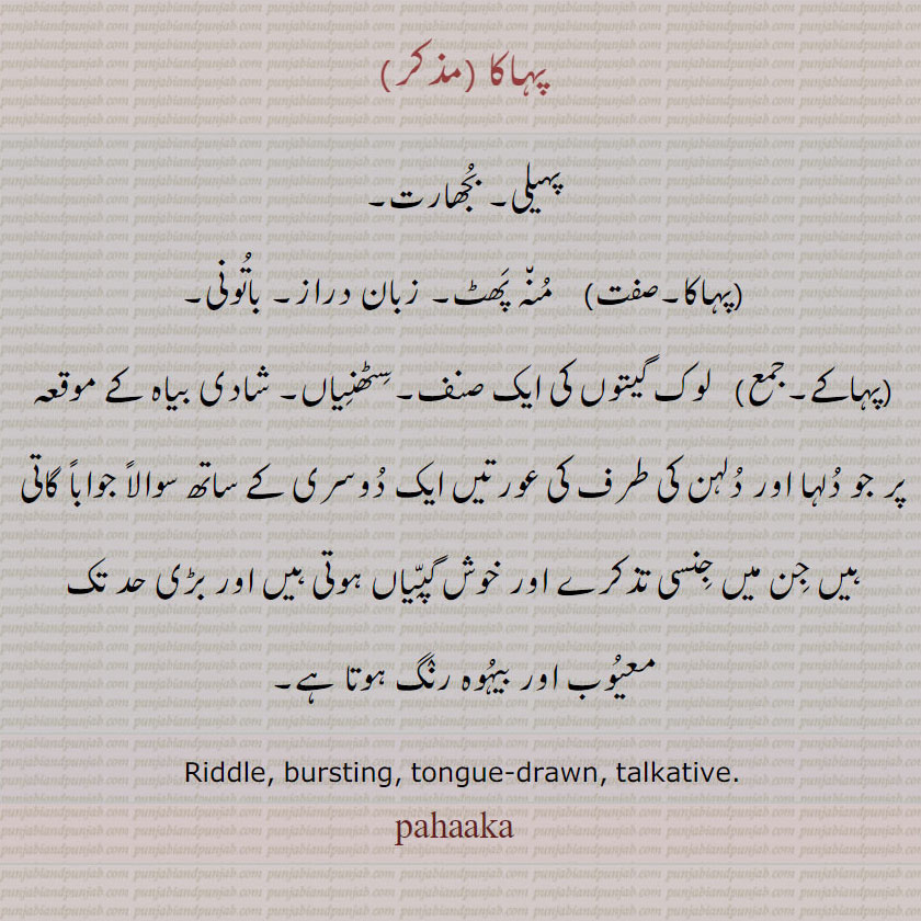 پہاکا, pahaka , ਪਹਾਕਾ, پہاکے,۔ پہیلی۔ بجھارت۔ منہ پھٹ۔ زبان دراز۔ باتونی۔ لوک گیت کی ایک صنف۔ سٹھنیاں۔ شادی بیاہ کا گیت۔ جو سوالاً جواباً ہوتا ہے۔ riddle. bursting. tongue drawn. talkative.