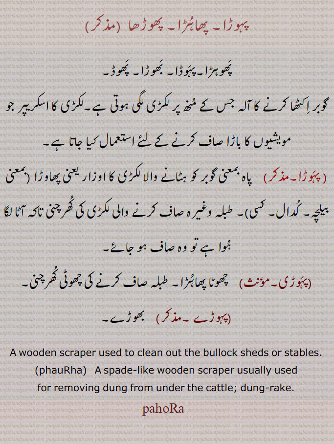 پہوڑا, پھاہڑا,پھوڑھا,پہوڑی , پہوڑے ,pahaura , ਪਹੌਡ਼ਾ, pahora,ਫੌੜ੍ਹਾ ,pahoda ,phahura phoRha,, پھہڑا۔ پہوڈا۔ بھوڑا۔ پھوڈ۔گوبر اکٹھا کرنے والا۔ لکڑی کا اسکریپر۔ پاہ معنی گوبر۔ طبلہ صاف کرنے والاچھوٹا پھہڑا۔ بھڑے۔ کھرچنی۔wooden scraper. bullock sheds or stables. removing dung from under cattle. dung rake.phaohra. pahaoDa. bhaora. phaod


















ایک قسم کا گھوڑا۔ کاٹھی کا سامان۔ خرگوش پکڑنے کا جال