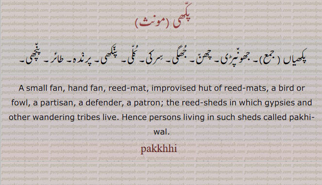 پکھی ,پکھیاں , pakkhi ,pakkhin, pakkhen, pankhi, ਪੱਖੀ،  جھونپڑی۔ چھن۔ جھگی۔ سرکی۔ کلی۔ پنکھی۔ پرندہ۔ طائر۔ پنچھی۔ small fan. hand fan. reed mat. imprivised hut of reed mat. bird. fowl. partisan. defender. patron. reed sheds in which gypsises and other wandering tribe live. person living. in such sheds called pakhi pakhhi wal