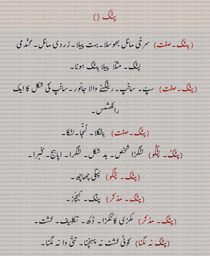  ,پنگ ,paNg , ਪੰਗ,پنگ, پنگو,پنگ نہ لگنا,پگ,پنگ کرنا, pang,سرخی مائل بھوسلا۔ بہت پیلا۔ زردی مائل۔ پیلا پنگ۔ سپ؛ سانپ ۔ رینگنے والا جانور۔ سانپ جیسا راکھشس۔ پنگلا۔ لنجا۔ لنگا۔ لنگڑا ۔ بد شکل۔ اپاہج۔ کبرا۔ پتلی چھاچھ۔ کیچڑ۔لکڑی کا ٹکڑا۔ دکھ۔ تکلیف۔ کشت۔ تتی وا نہ لگنا۔ پتلا۔ رقیق۔ سبک۔ لظیف۔ باریک۔ نکا۔ مہیں۔ چھوٹا۔ ذرہ۔ خفیف مقدار۔ کن۔ بھوسی کا ذرہ۔ پنگھل۔ پناک۔ رونا۔ پنگو۔ ہنگھال۔ پوست کے ڈوڈے کو لگنے والا کیڑا۔ مکھن گرم کر کے گھی بنانا۔ 





