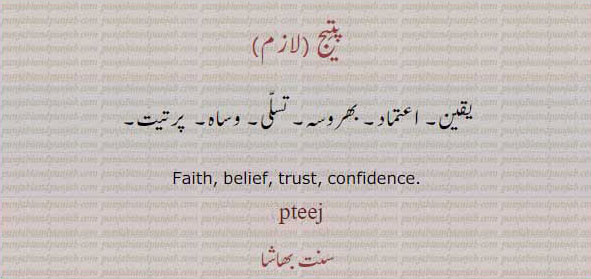 پتیج ,پتیجنا  ,ਪਤੀਜ, pateej,patij, pateejna,ਪਤੀਜਣਾ,patijna,پتیننا, pateenana,patinana,pteej. faith. belief. trust. confidence. یقین۔ اعتماد۔ بھروسہ۔ تسلی۔ وساہ۔ پرتیت