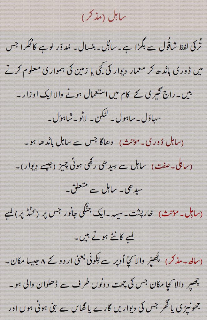   ساہل, شاقول,ساہل,ہنسال, اوزار, سہاول,ساہول, لٹکن, لاٹو,شاہول,ساہل ڈوری,ساہلی,سالھ, چھپر,سالھ گریڑا,سالھیں,سلھوٹا, راج گیری کے کام کا اوزار۔جنگلی جانور خارپشت۔ کانٹے والا جانور۔چھپر والا کچا تکونی مکان۔ ڈھلوان والی چھت۔جھونپڑی یا گھر۔ چھپر یا پوال کی تکونی چھت۔ مٹی کی دیوار پر گھاس پھوس کا تکونی چھپر۔ گریرا۔بوریا بستر۔ سالھ کی جمع۔ جھونپڑیاں۔ سالھ کی تصخیر۔تصغیر۔