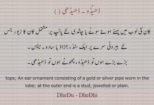 ,ڈھیڈو,ڈھیڈو
DheDu, DheDhi, DheNDhi, DheDkoo,  ਢੇਡੂ , An ear ornament consisting of a gold or silver pipe worn in the lobe; at the outer end is a stud, jewelled or plain.earring,ear tops,ਢੇਢੀ,
 ڈھیڈو۔ ڈھیندھی۔ ڈھیڈکو۔ ڈھیڈھی۔ کان کی لوب میں پہننے والا سونے یا چاندی کا ٹاپس۔ سٹڈ۔
Traditional Ornaments of Punjab,Jewellery,jewelry,zaiwar,زیور, ,گہنا,بُھوکھن,النکار,ٹُوم,ٹومب,ٹونب چھلا   
