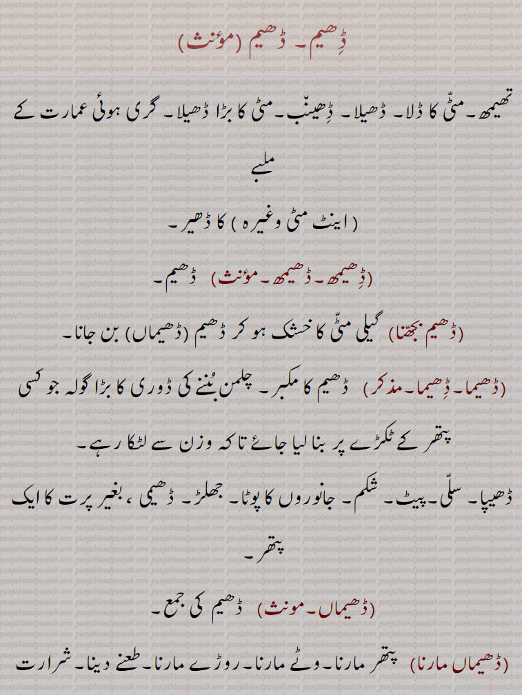 ڈھیم۔ ڈھیم ,تھیمھ۔مٹی کا ڈلا۔ ڈھیلا۔ ڈھینب۔مٹی کا بڑا ڈھیلا۔ گری ہوئی عمارت کے ملبے, اینٹ مٹی وغیرہ, کا ڈھیر,ڈھیمھ, ڈھیم,ڈھیم بجھنا, گیلی مٹی کا خشک ہو کر ڈھیم (ڈھیماں) بن جانا,ڈھیما,  ڈھیم کا مکبر۔ چلمن بننے کی ڈوری کا بڑا گولہ جو کسی پتھر کے ٹکڑے پر بنا لیا جائے تا کہ وزن سے لٹکا رہے۔
ڈھیپا۔ سلی۔پیٹ۔ شکم۔ جانوروں کا پوٹا۔ جھلڑ۔ ڈھیمی ، بغیر پرت کا ایک پتھر,ڈھیماں, ڈھیم  کی جمع,ڈھیماں مارنا,   پتھر مارنا۔وٹے مارنا۔روڑے مارنا۔طعنے دینا۔شرارت کرنا۔دکھ دینا۔ تنگ کرنا,ڈھیمی,  بغیر پرت کا پتھر، یہ زمین کے اندرونی تغیرات سے بنتا ہے اس کے اجزا آپس میں اس قدر وصل ہوتے ہیں کہ اس کے پرت نہیں بن سکتے ایسے پتھر کو ڈھیم ، ڈھیما یا ڈھیمی کہتے ہیں اور علمی اصطلاح میں ناری کہلاتا ہے,