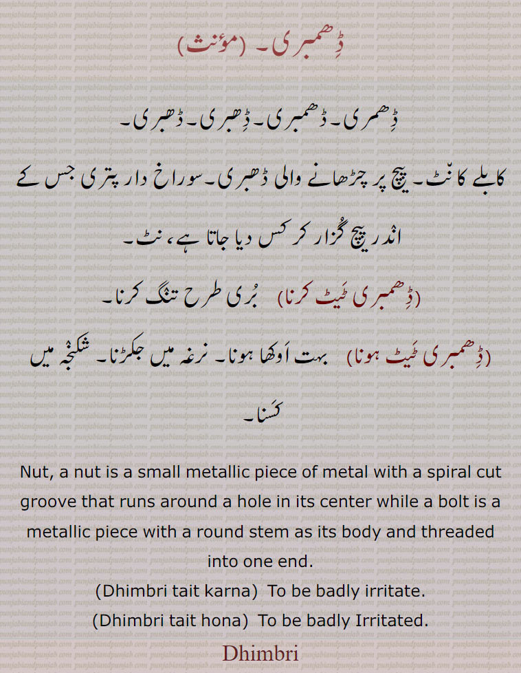 ڈھمبری۔ ,ڈھمری۔ڈھمبری۔ڈھبری۔ڈھبری۔
کابلے کا نٹ۔ پیچ پر چڑھانے والی ڈھبری۔سوراخ دار پتری جس کے اندر پیچ گزار کر کس دیا جاتا ہے، نٹ,ڈھمبری ٹیٹ کرنا,    بری طرح تنگ کرنا,ڈھمبری ٹیٹ ہونا,   بہت اوکھا ہونا۔ نرغہ میں جکڑنا۔ شکنجہ میں کسنا۔
Nut, a nut is a small metallic piece of metal with a spiral cut groove that runs around a hole in its center while a bolt is a metallic piece with a round stem as its body and threaded into one end.,Dhimbri tait karna, To be badly irritate.,Dhimbri tait hona,  To be badly Irritated.,Dhimbri, Dhimbri ,ਢਿੰਬਰੀ, Dhambri ,ਢਿਬਰੀ,Dhabri, ਢਬਰੀ,
