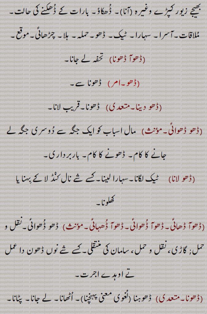  ملاقات۔آسرا۔ سہارا۔ ٹیک۔ ڈھو۔حملہ۔ ہلا۔ چڑھائی۔موقع,ڈھوآ ڈھونا,   تحفہ لے جانا,ڈھ, ڈھونا سے,ڈھو دینا, ڈھونا۔قریب لانا,ڈھو ڈھوائی,   مال اسباب کو ایک جگہ سے دوسری جگہ لے جانے کا کام۔ ڈھونے کا کام۔ باربرداری,ڈھو لانا,    ٹیک لگانا۔سہارا لینا۔کسے شے نال کنڈ لا کے بہنا یا  کھلونا,ڈھوآ ڈھائی۔ڈھوآ ڈھوائی۔ڈھوآ ڈھہائی,  ڈھو ڈھوائی۔نقل و حمل; گاڑی، نقل و حمل، سامان کی منتقلی۔کسے شے نوں ڈھون دا عمل تے اوہدے اجرت۔
 ڈھونا, ڈھوہنا , پہنچنا, اٹھانا۔ لے جانا۔ پٹانا۔