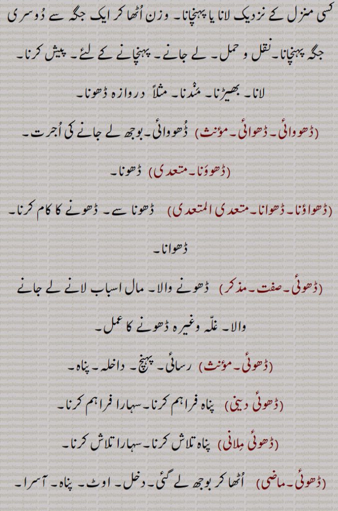  کسی منزل کے نزدیک لانا یا پہنچانا۔ وزن اٹھا کر ایک جگہ سے دوسری جگہ پہنچانا۔نقل و حمل۔ لے جانے۔ پہنچانے کے لئے۔ پیش کرنا۔ لانا۔ بھیڑنا۔ مندنا۔ مثلاً  دروازہ ڈھونا,ڈھووائی۔ڈھوائی,  ڈھووائی۔بوجھ لے جانے کی اجرت,ڈھوونا, ڈھونا,ڈھواؤنا۔ڈھوانا,   ڈھونا سے۔ ڈھونے کا کام کرنا۔ڈھوانا,ڈھوئی,  ڈھونے والا۔ مال اسباب لانے لے جانے والا۔ غلہ وغیرہ ڈھونے کا عمل,ڈھوئی,  رسائی۔ پہنچ۔ داخلہ۔پناہ,ڈھوئی دینی,   پناہ فراہم کرنا۔سہارا فراہم کرنا,ڈھوئی ملانی,  پناہ تلاش کرنا۔سہارا تلاش کرنا,ڈھوئی,اٹھا کر بوجھ لے گئی۔دخل۔ اوٹ۔ پناہ۔ آسرا۔